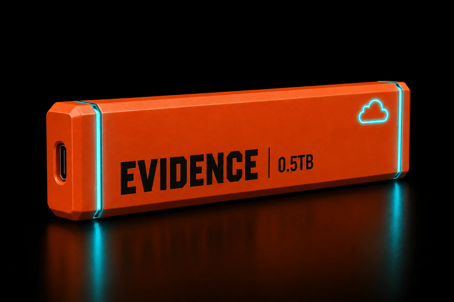 The orange GhostLogic EVIDENCE Collector marked 0.5TB, lit along both edges, photographed on black