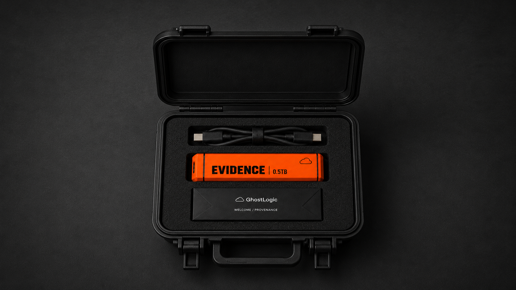 Evidence Collector kit inside its hard case, with USB-C cable and GhostLogic welcome and provenance card