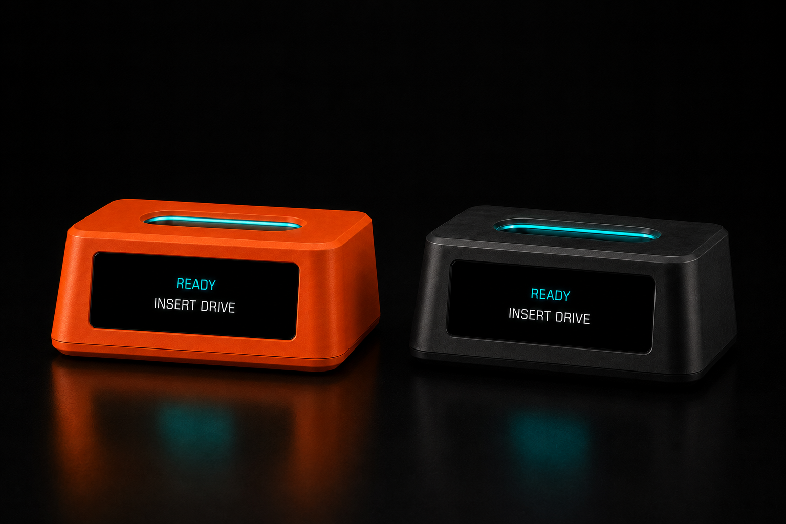 Orange and black Evidence Collector docks side by side, each display reading Ready, Insert Drive