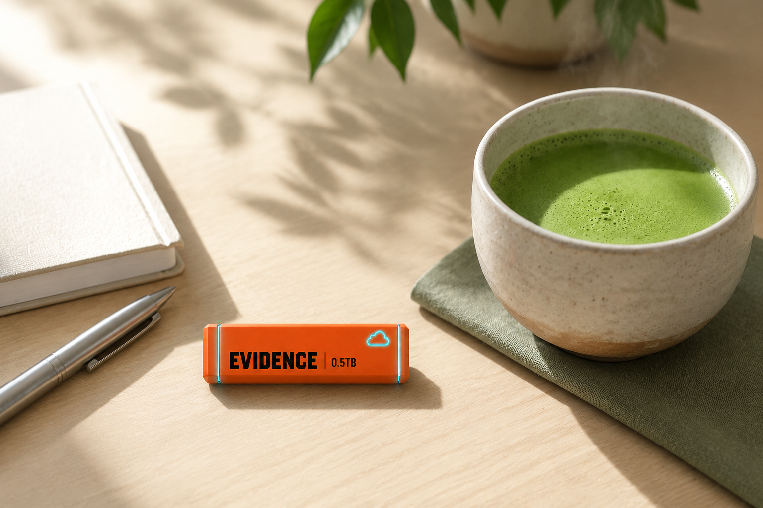 Morning session: orange Evidence Collector on a wooden desk beside a notebook, pen and a bowl of matcha