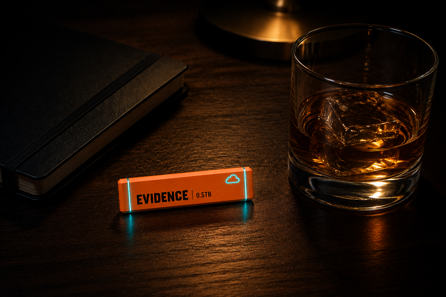 Evening session: orange Evidence Collector glowing on a desk beside a notebook and a glass of whiskey
