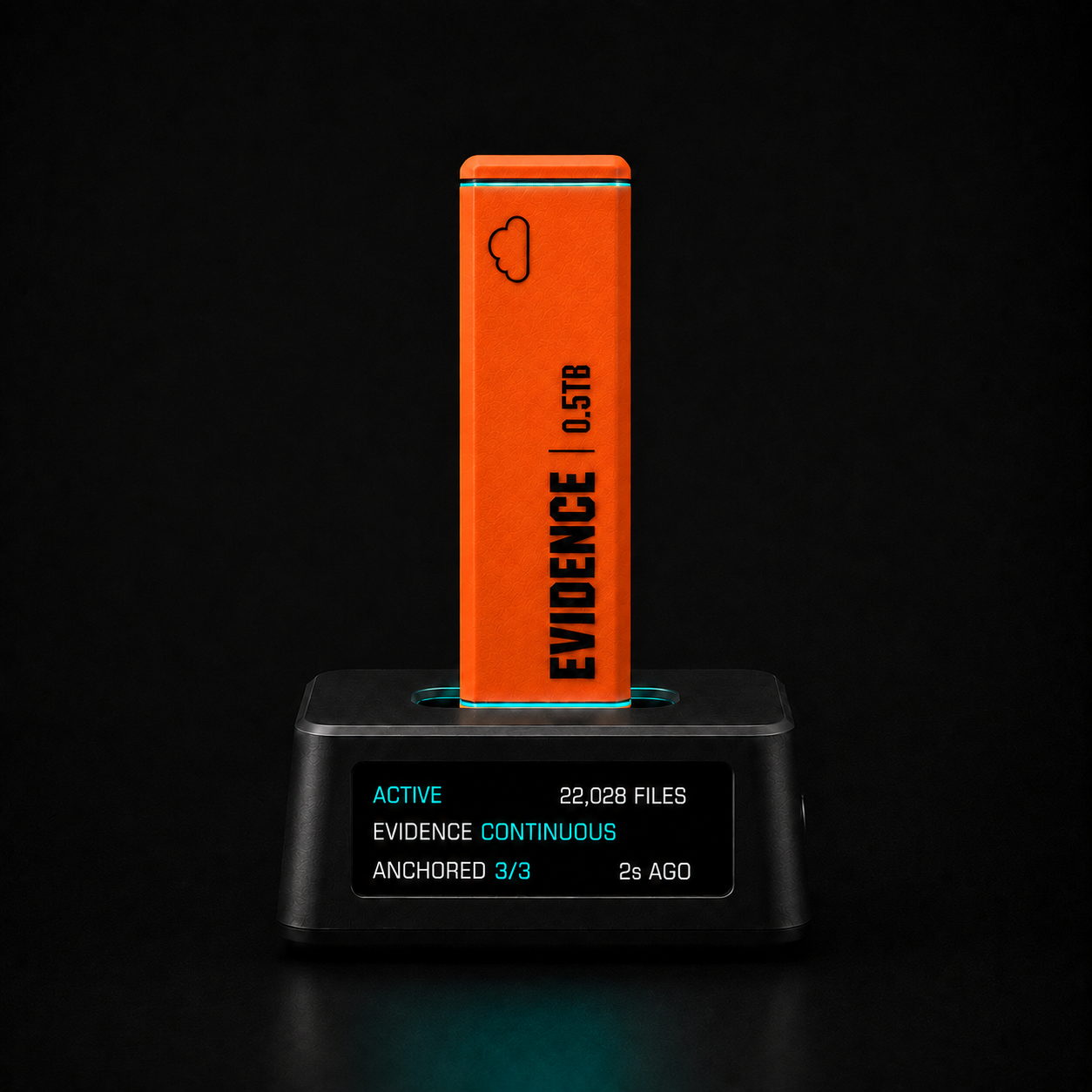 Evidence Collector docked in its charging stand, status display reading Active, Evidence Continuous, Anchored 3/3