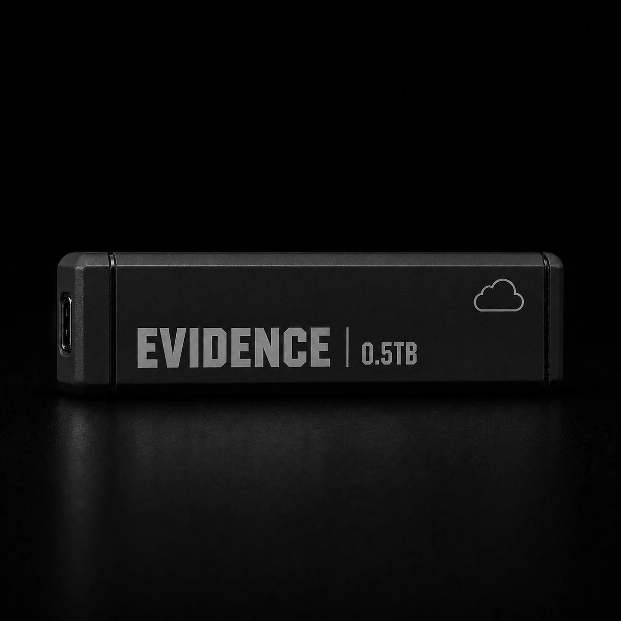 Black GhostLogic EVIDENCE Collector marked 0.5TB, carrying the GhostLogic cloud mark, photographed on black